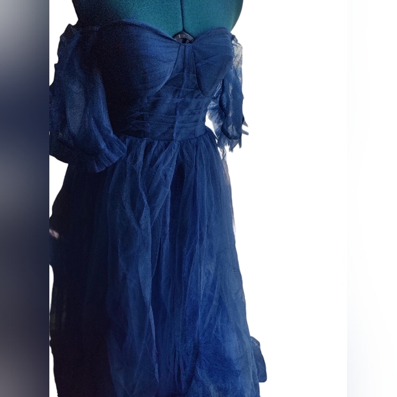 Ruffles Tulle Ball Gowns Off Shoulder Dresses 2024 Long Strapless Navy Blue - Picture 4 of 11